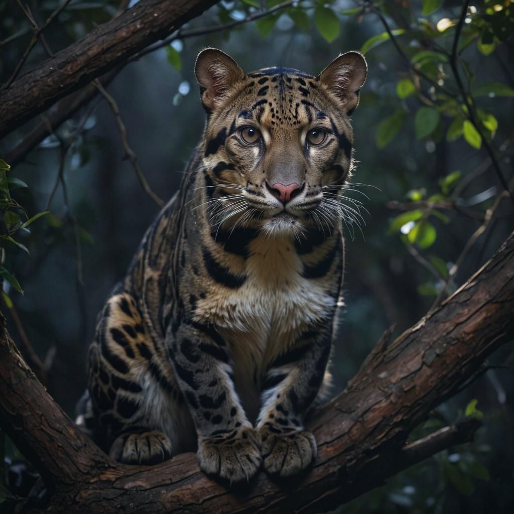 Clouded Leopard in Moonlight, Resting in Tree
