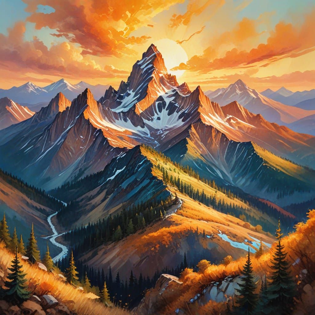 Fantasy Mountain Sunset in Vibrant Gouache Style