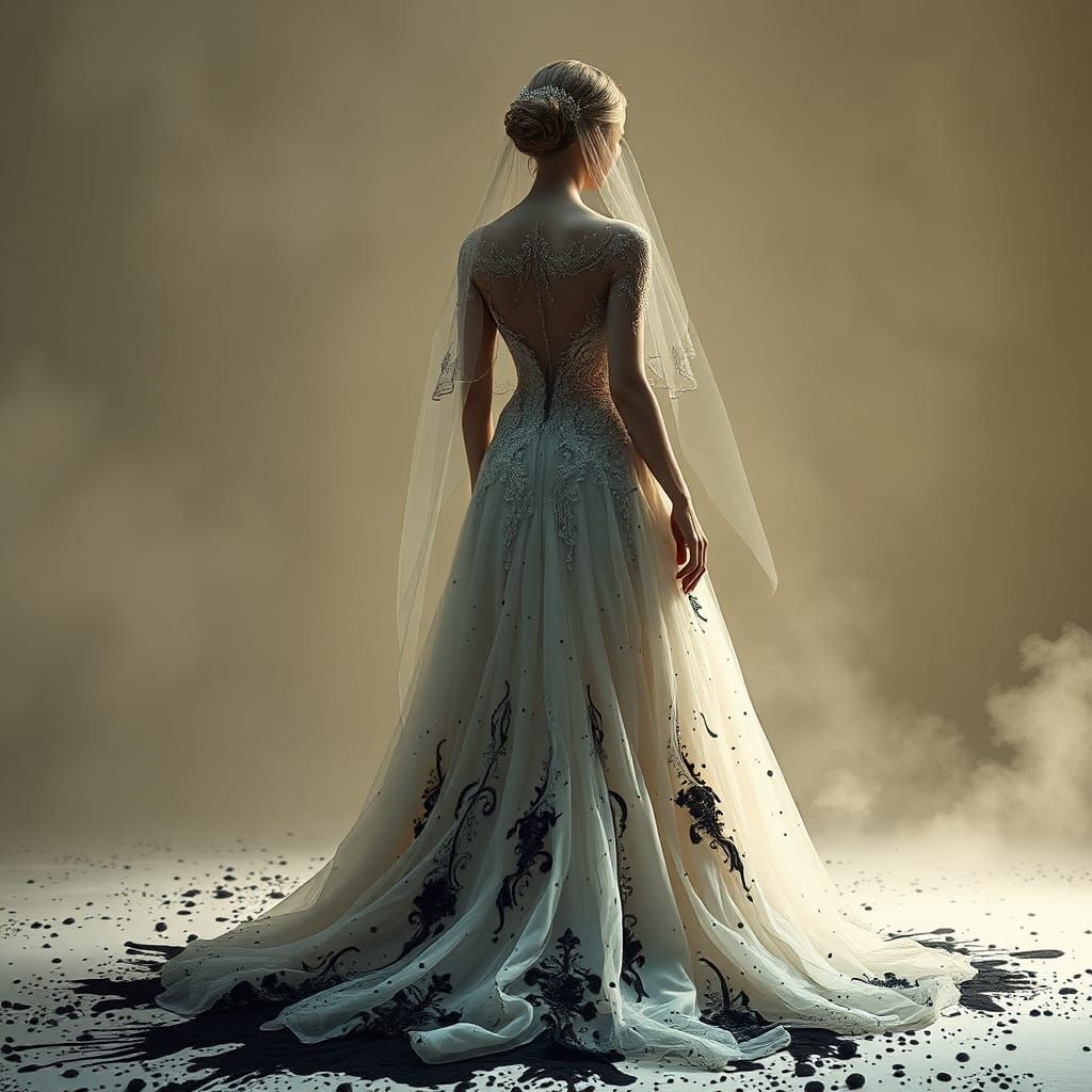 Ink Splatter on Ethereal Bride's Wedding Gown