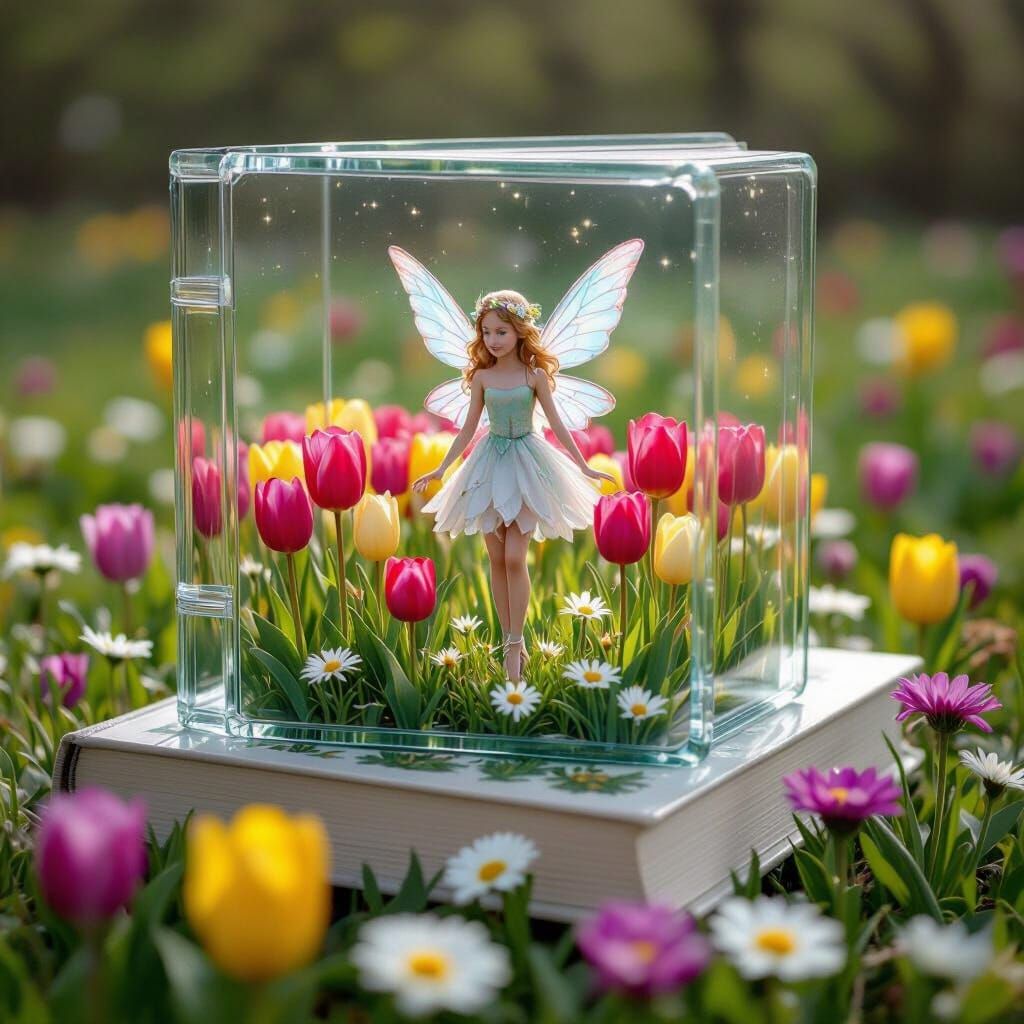 Glass Book with Fairy in Tulip Field