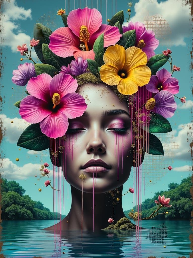 Woman in Tropical Pond with Hibiscus Headpiece