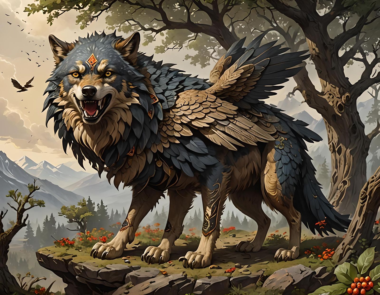 Mythical Chamrosh Creature: Wolf Body, Eagle Head and Wings