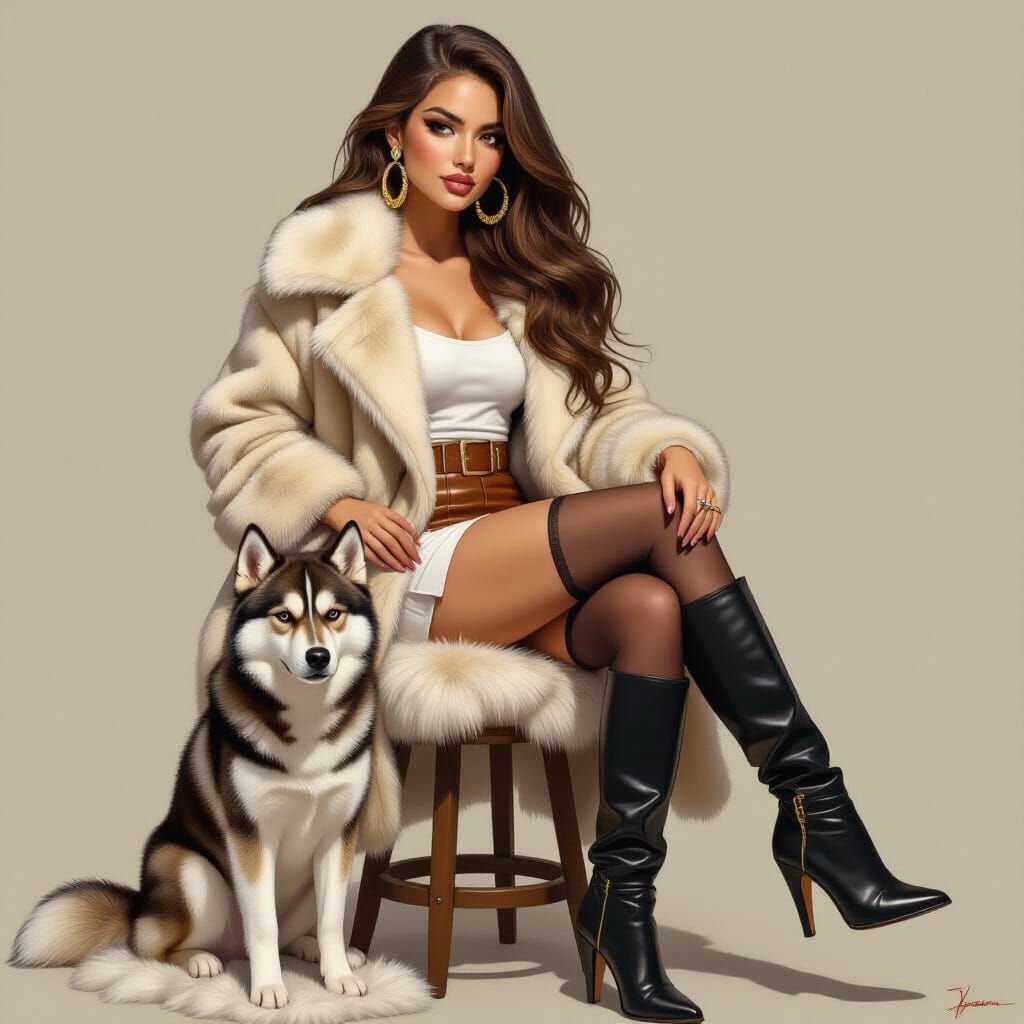 Woman in Fur Coat with Husky, Realistic Style