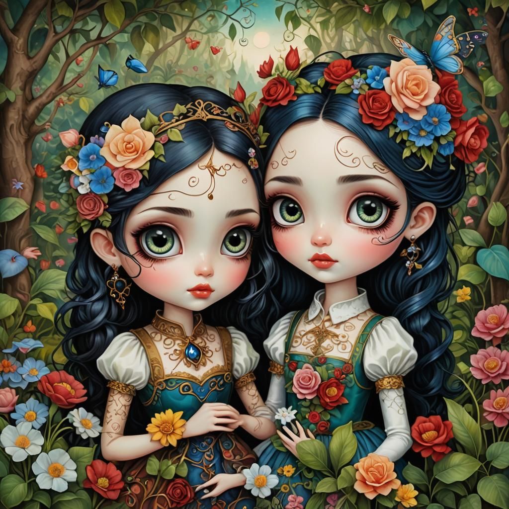 Lesbian Couple in Garden, Whimsical Art Style