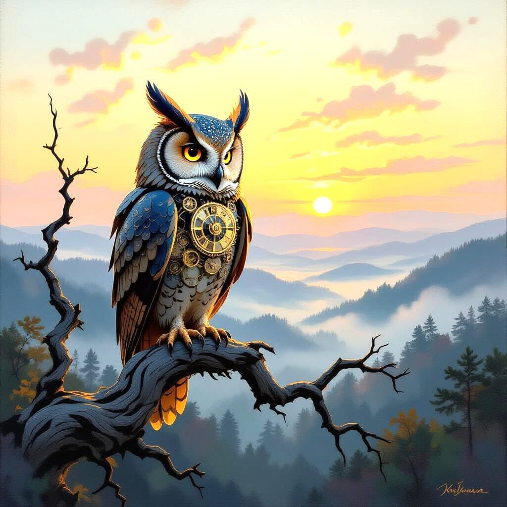 Clockwork Owl on Ancient Branch at Dawn