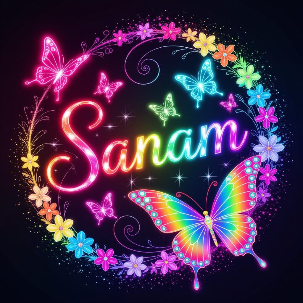 Neon "Sanam" with Rainbow Butterflies in 3D