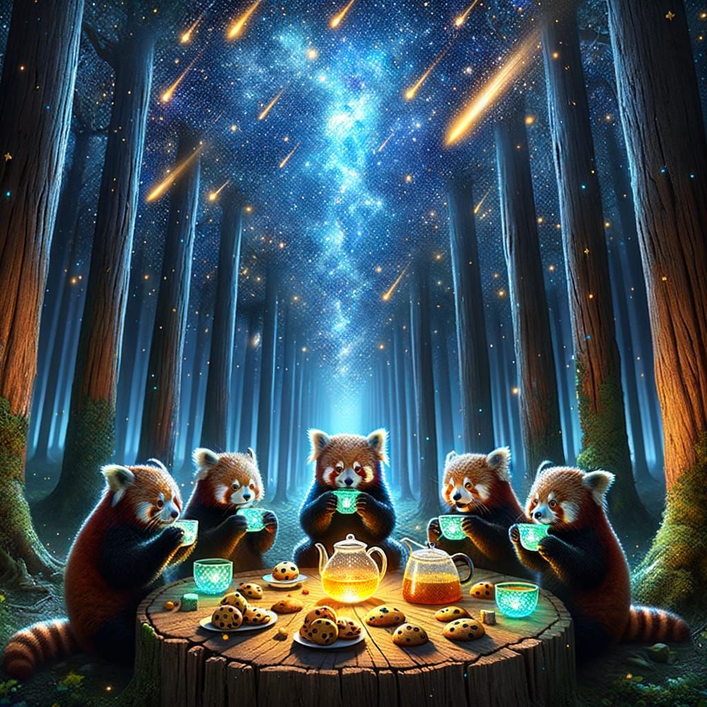 Nocturnal Forest Tea Party with Red Pandas Under Starry Sky