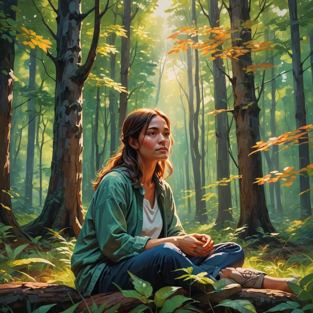Serene Woman in Forest: Vibrant Oil Painting