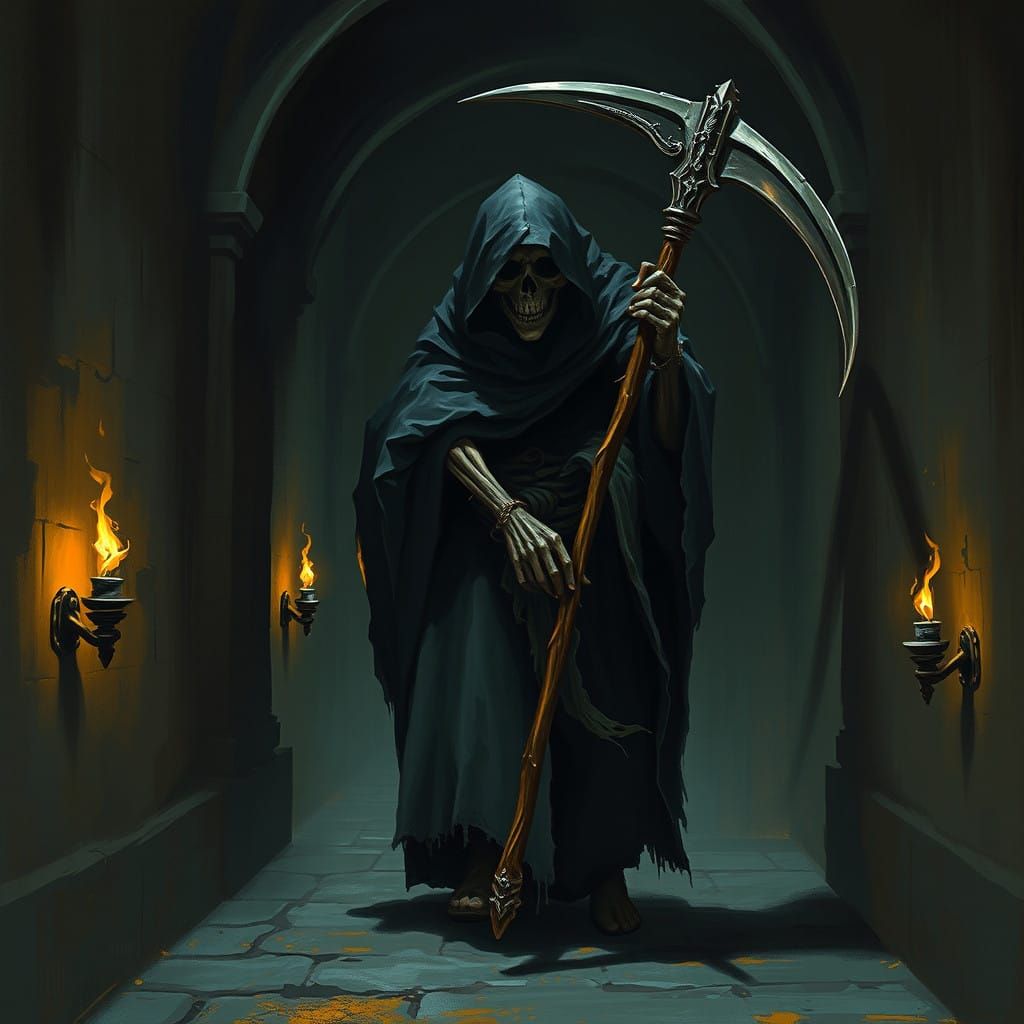 Skeletal Grim Reaper Descends Ominous Dark Halls in Haunting...