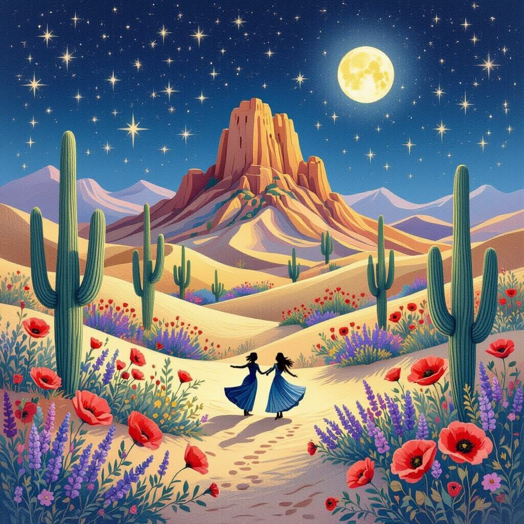 Romantic Desert Nightscape in Colored Pencil Style