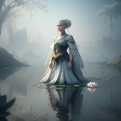 White Lotus Flowers on Water: Dreamlike Digital Painting