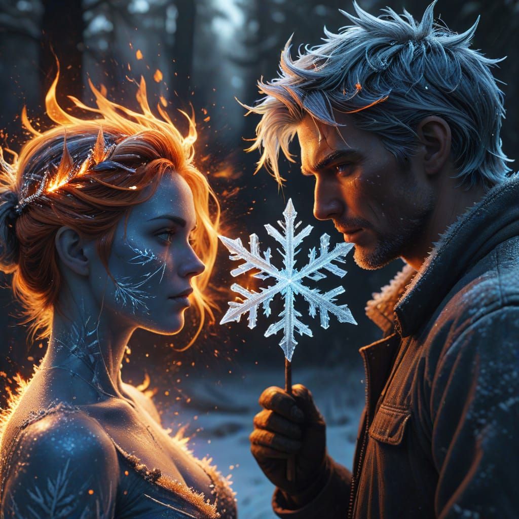 Jack Frost and Flaming Woman in Contrasting Styles