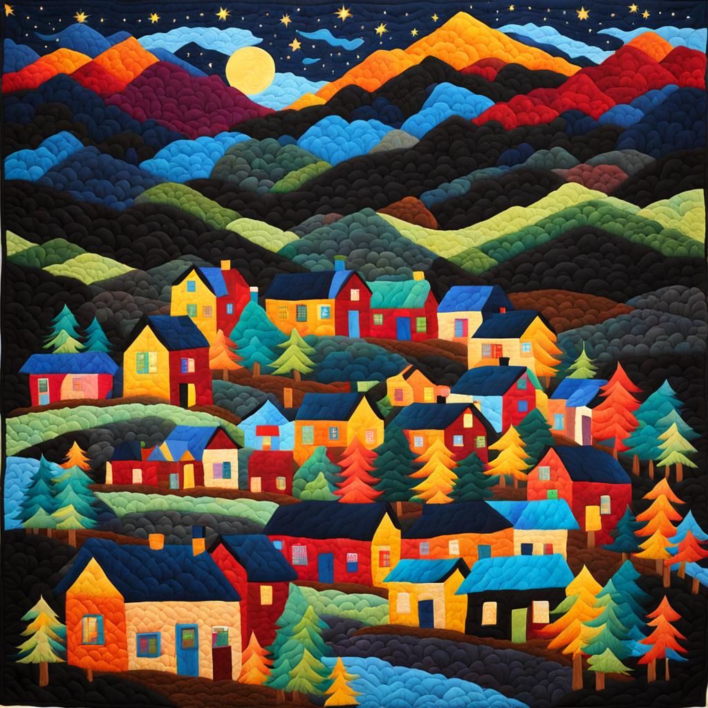 Mountain Town Night Scene in Bright Quilt
