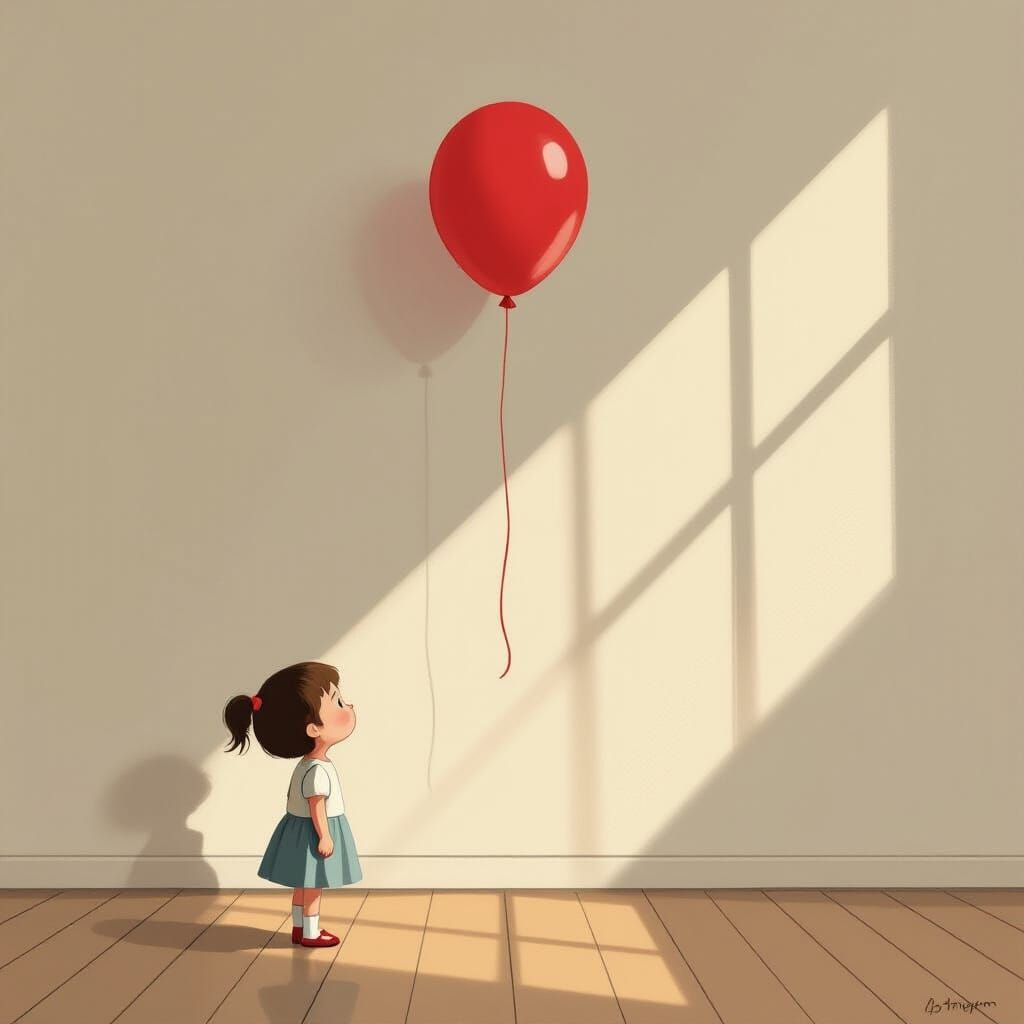 Sad Red Balloon Stuck on Ceiling in Minimalist Style