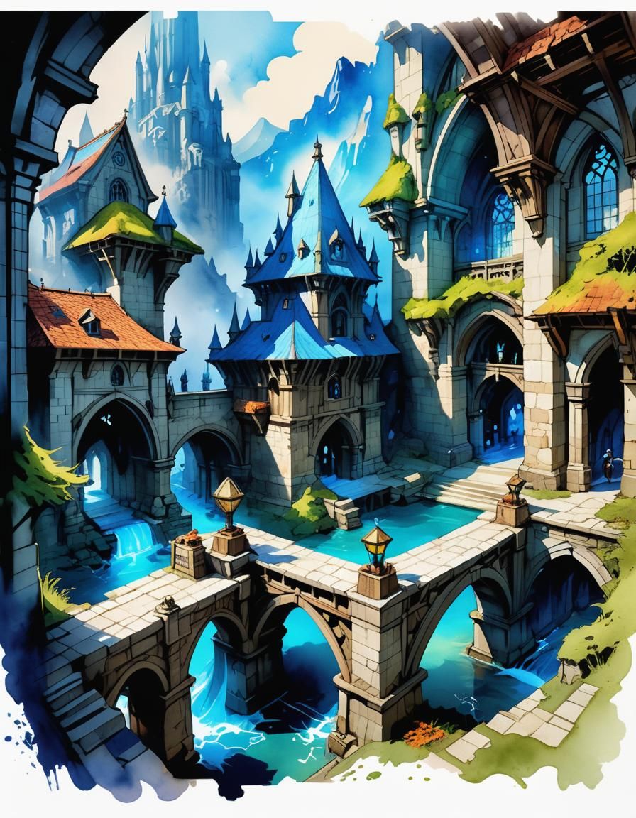 Detailed Location Blueprints in Watercolor Style