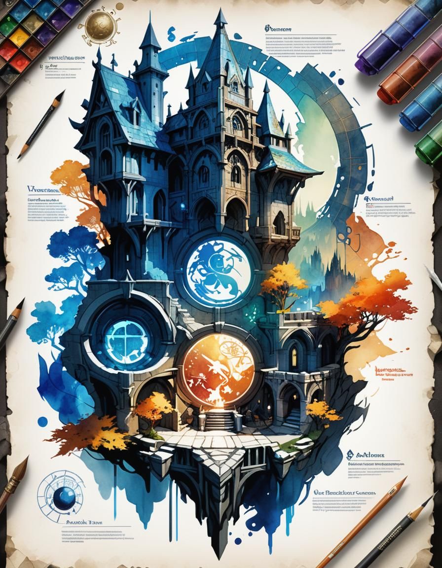 Watercolor Blueprints for Fantasy RPG in Detailed Concept Ar...