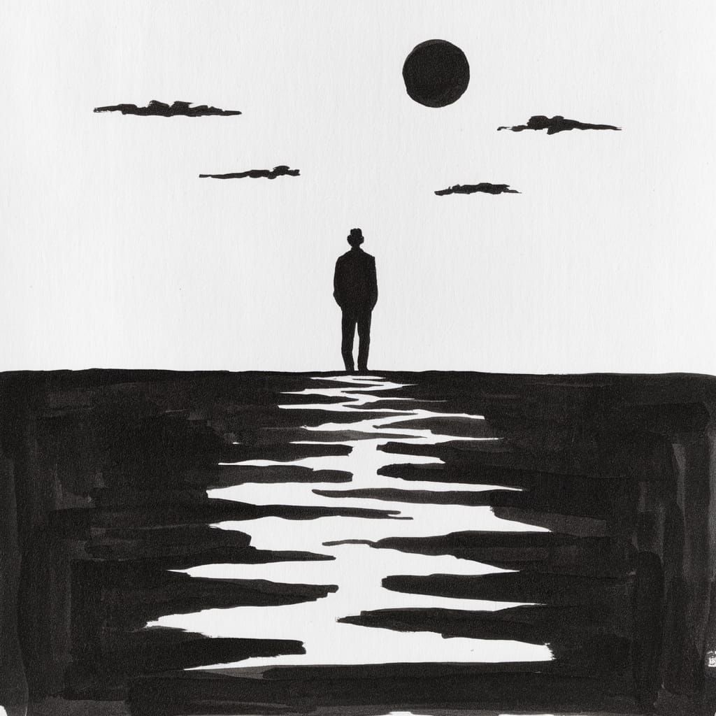 Minimalist Solitude Horizon Charcoal and Ink Drawing