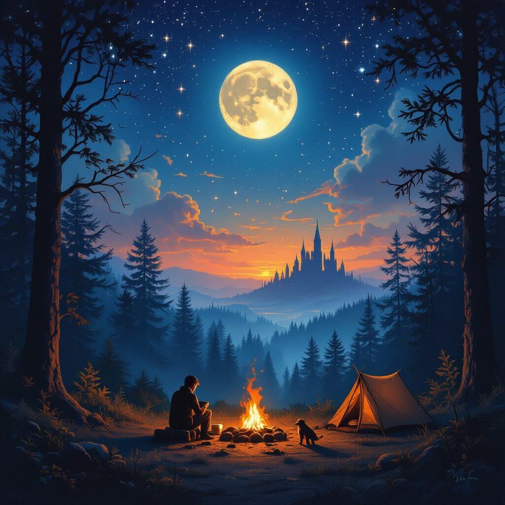 Mystical Forest Night Scene with Campfire and Ruined City