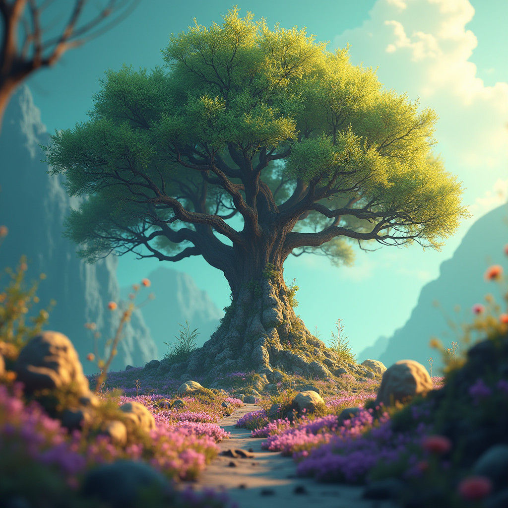 Dreamlike Landscape with Majestic Tree in Golden Light