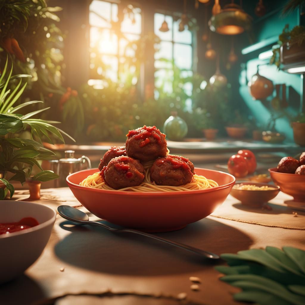 Spaghetti and Meatballs in Solarpunk Art Style