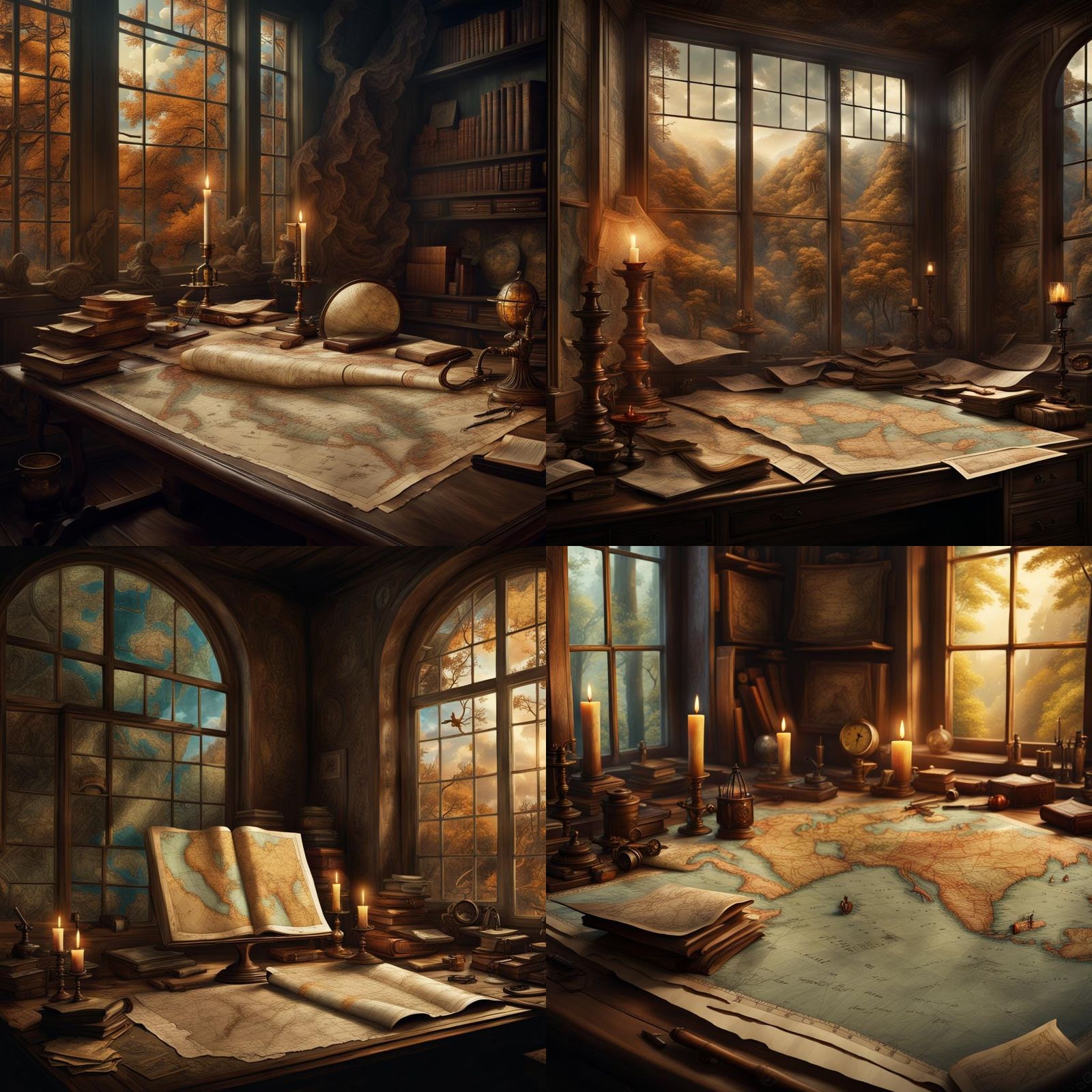 Fantasy Study with Ancient Maps and Giant Window