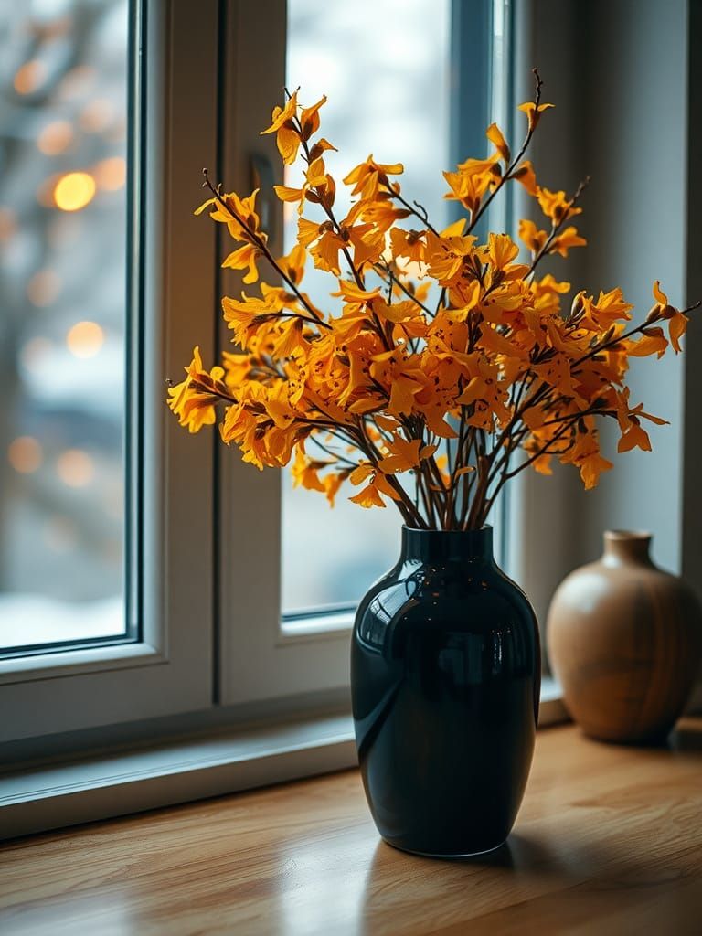Orange Forsythia by Window: Cinematic Film Still