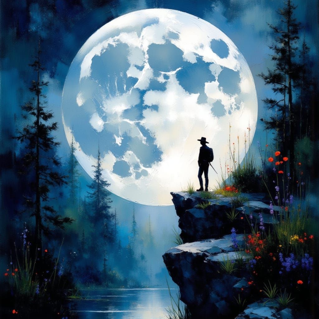 Silhouetted Man Contemplates Moonlit Forest: Impressionistic...