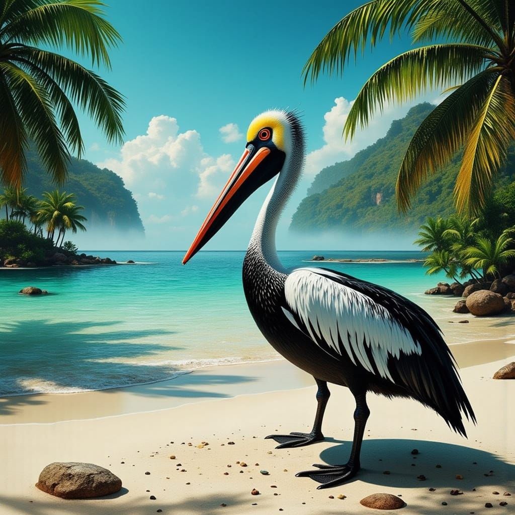Vibrant Pelican on Tropical Beach in Hyperrealism