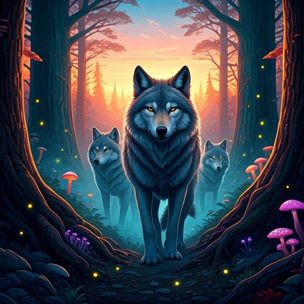 Wolves in Misty Forest: Digital Art