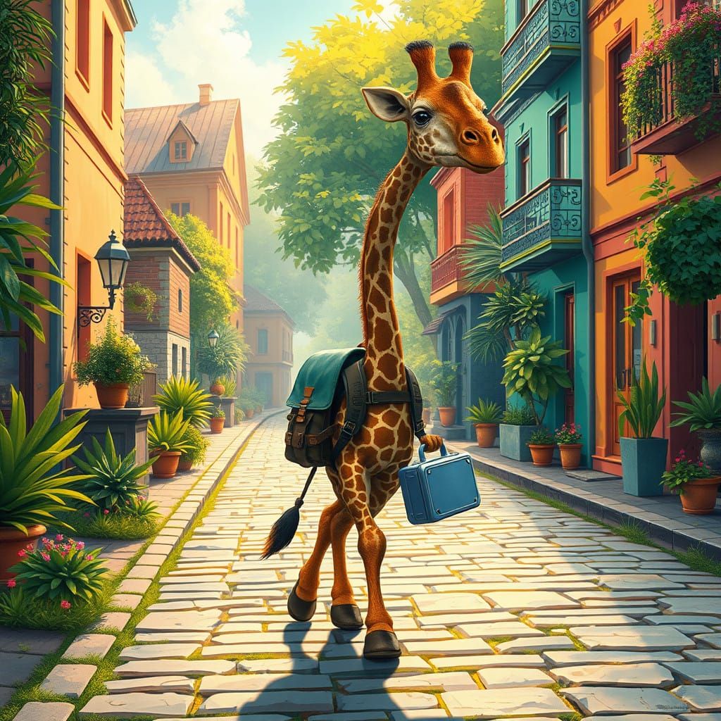Giraffe's Whimsical Walk to School: Hyper-Realistic Illustra...