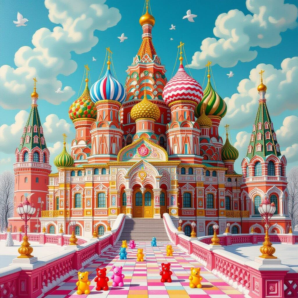 Hyper-Realistic Candy Palace with Gummy Citizens in Gouache ...