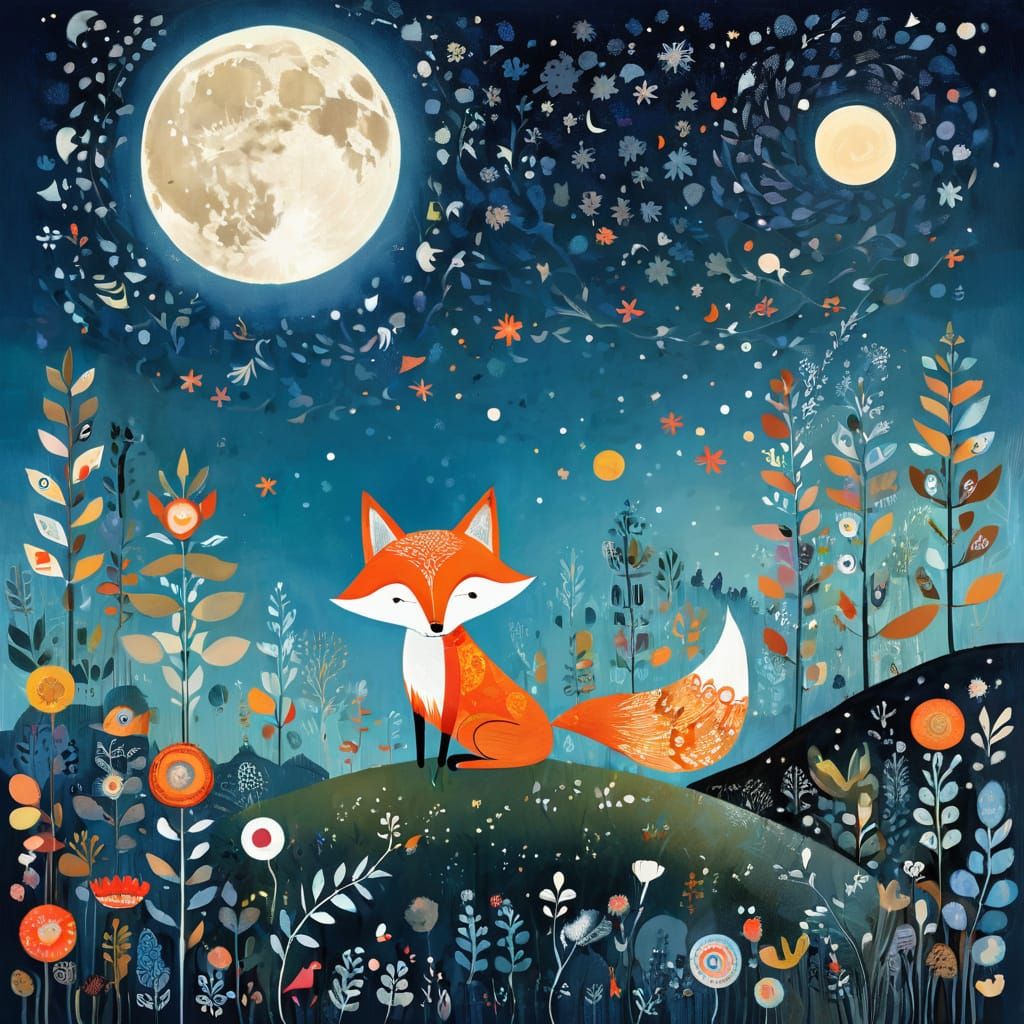 Whimsical Moon Fox in Folk Art Style