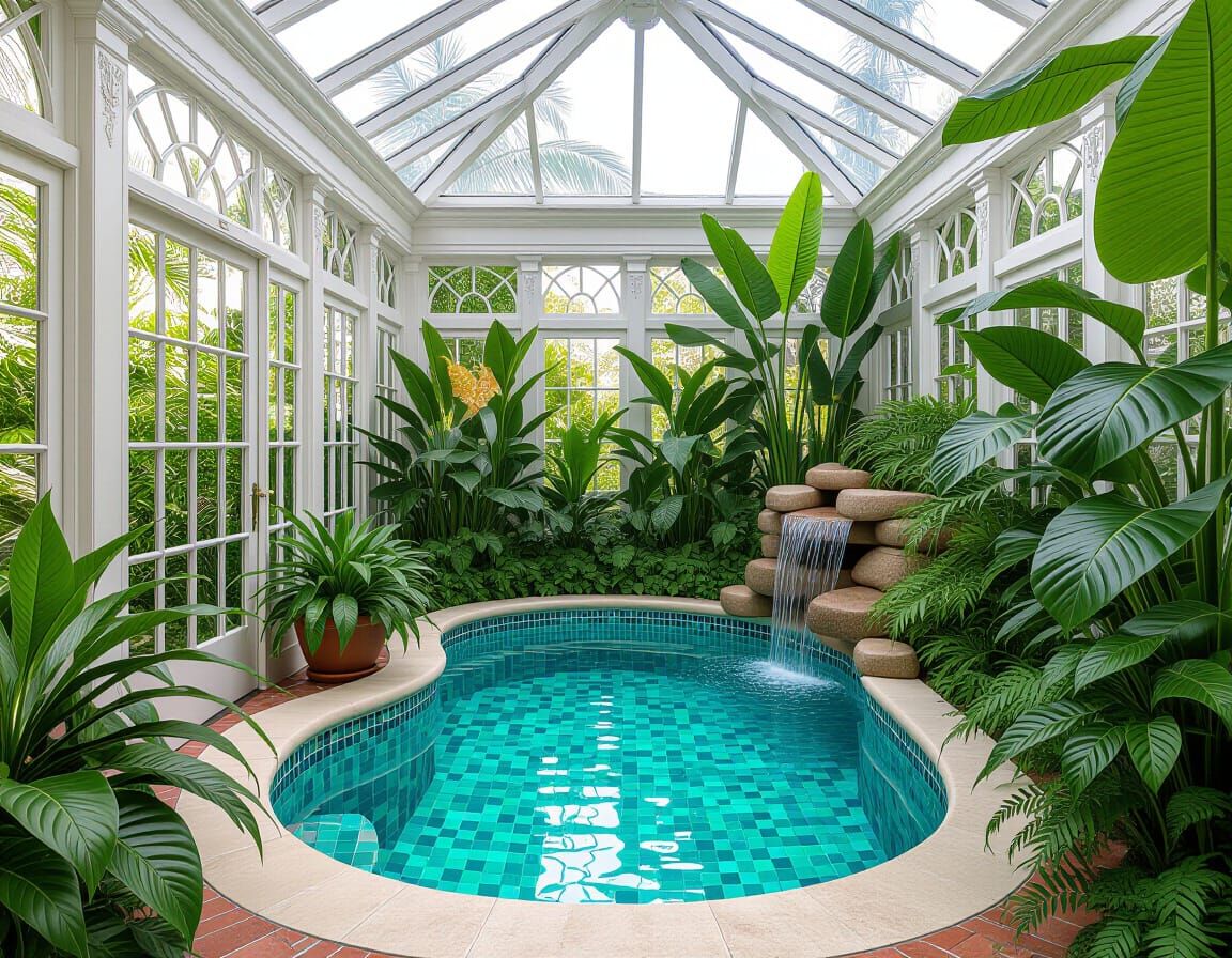Lush Conservatory with Pool and Orchids