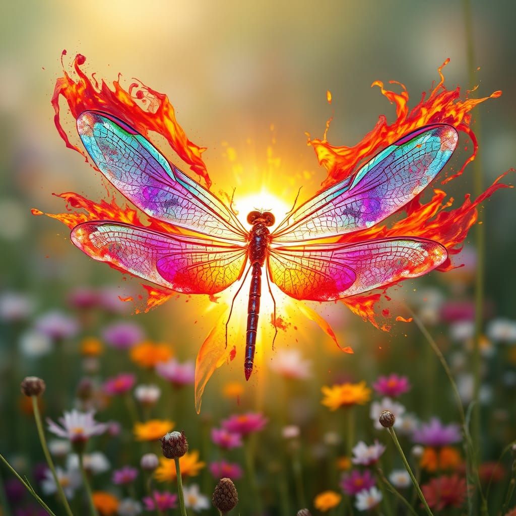 Fiery Dragonfly in Ink Splatter Art Style