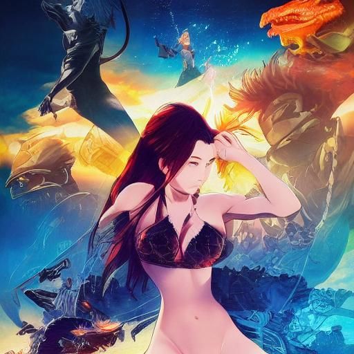 Anime Woman Rides Dragon in Vibrant Manga Style