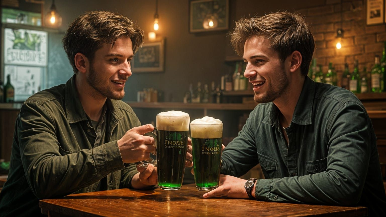 Two Young Irishmen Cheers in a Dark Pub