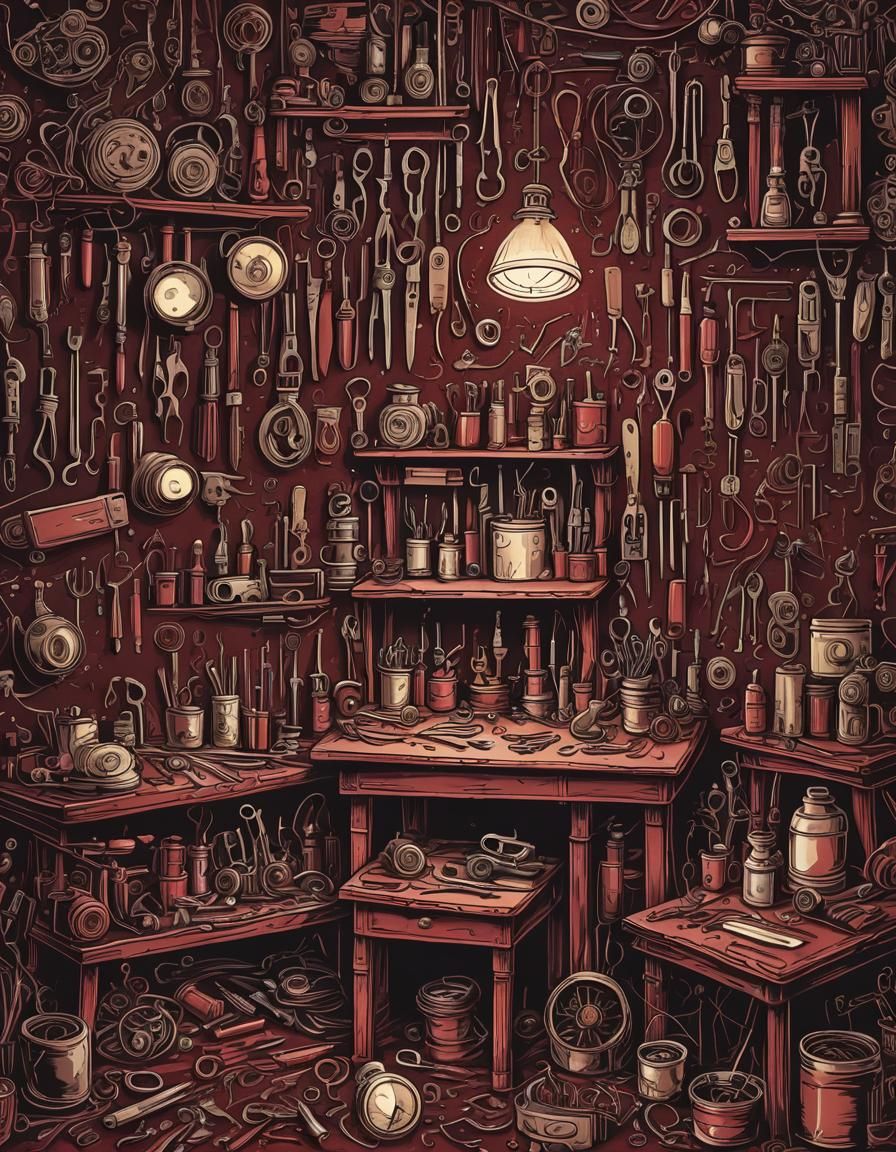Sinister Workshop Filled with Twisted Tools and Inventions