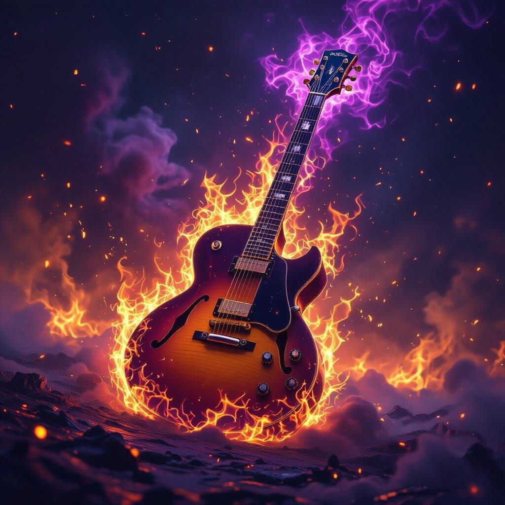 Majestic Glowing Guitar Amidst Fire and Mystical Energy