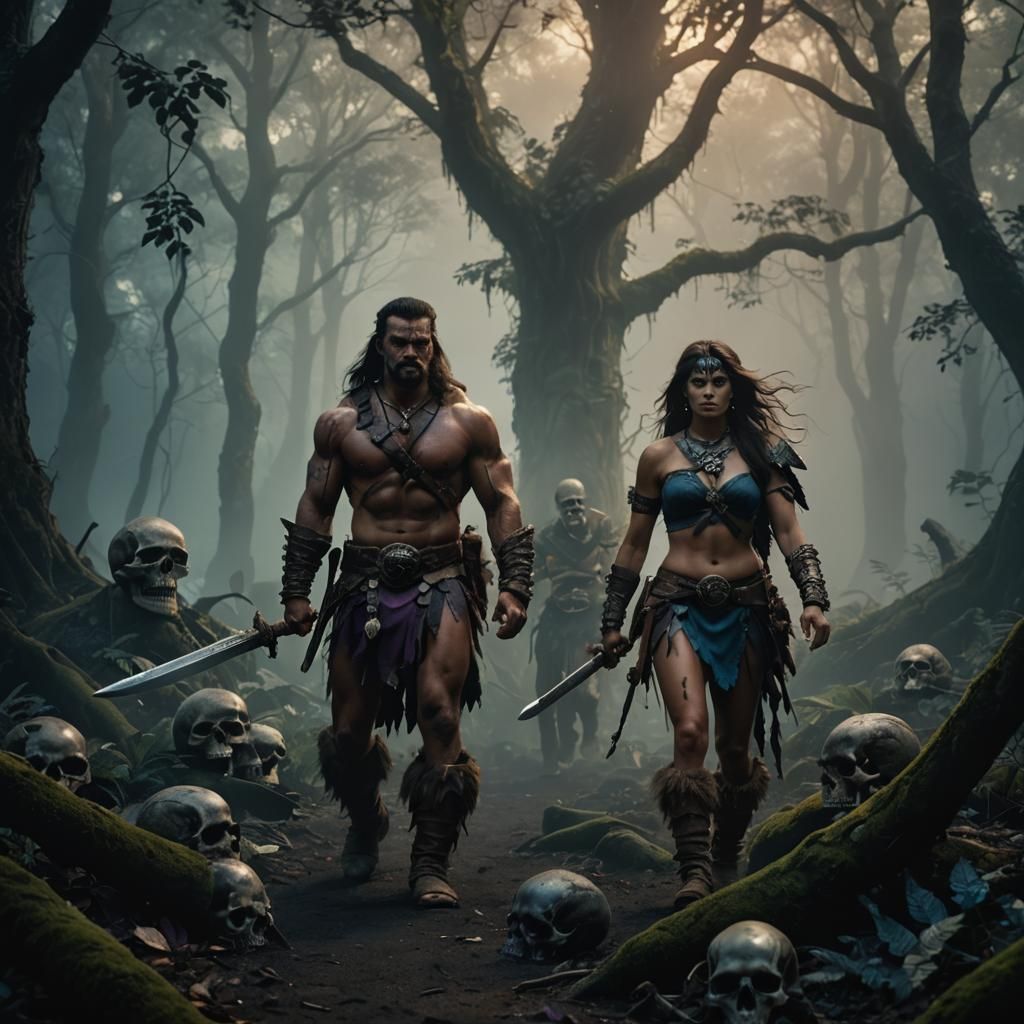 Barbarian and Amazon in Dark Fantasy Forest