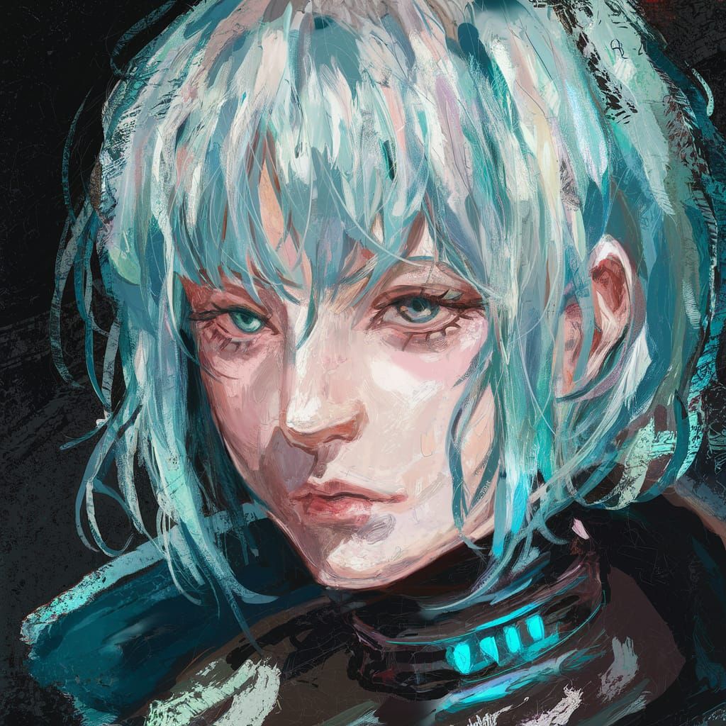 Cyberpunk Woman with Pale Blue Hair in Oil Pastel Manga Styl...