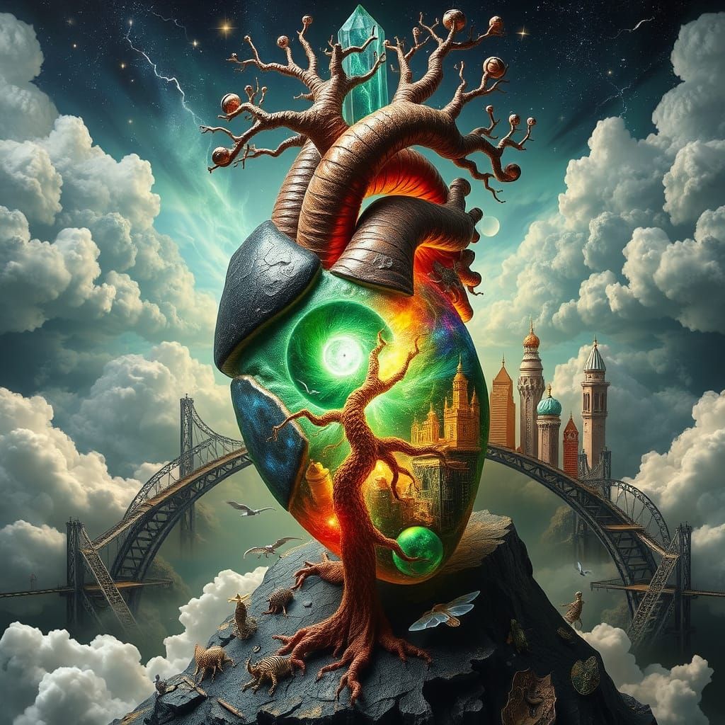 Surreal Anatomy Unveils Cosmic Heart in Obsidian Crystal Che...