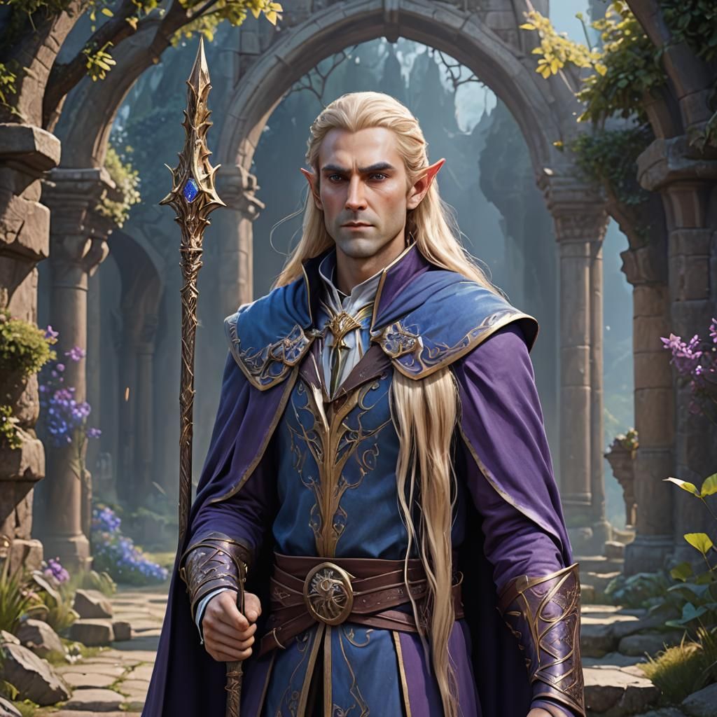 High Elf Wizard with Purple Cloak, Fantasy Art