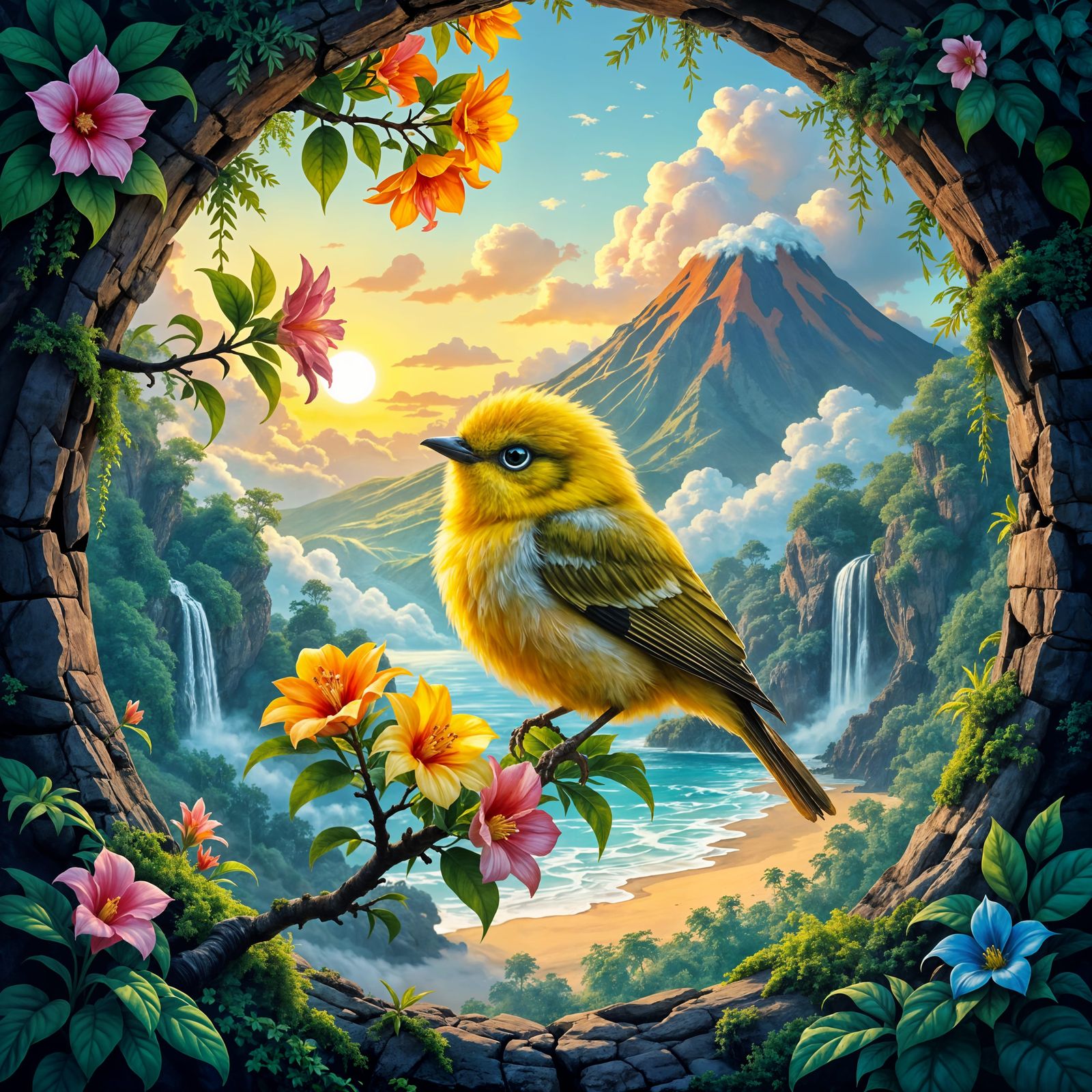 Cute Fluffy Hawaii Bird in Shower Tree