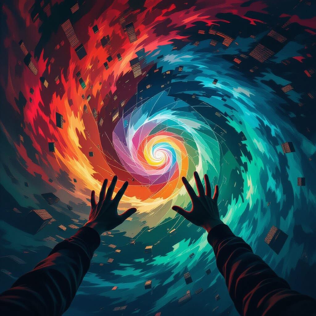 Swirling Vortex of Colors with Tumbling Cityscapes