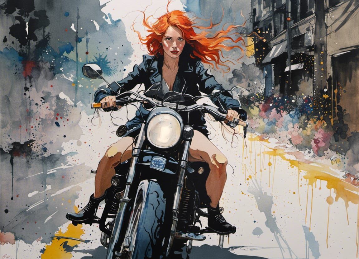 Redhead Girl on Motorcycle in Watercolor Style