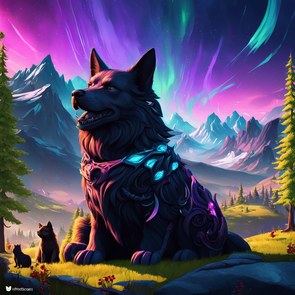 Whimsical Dogs and Cats Share a Magical Moment under a Vibra...