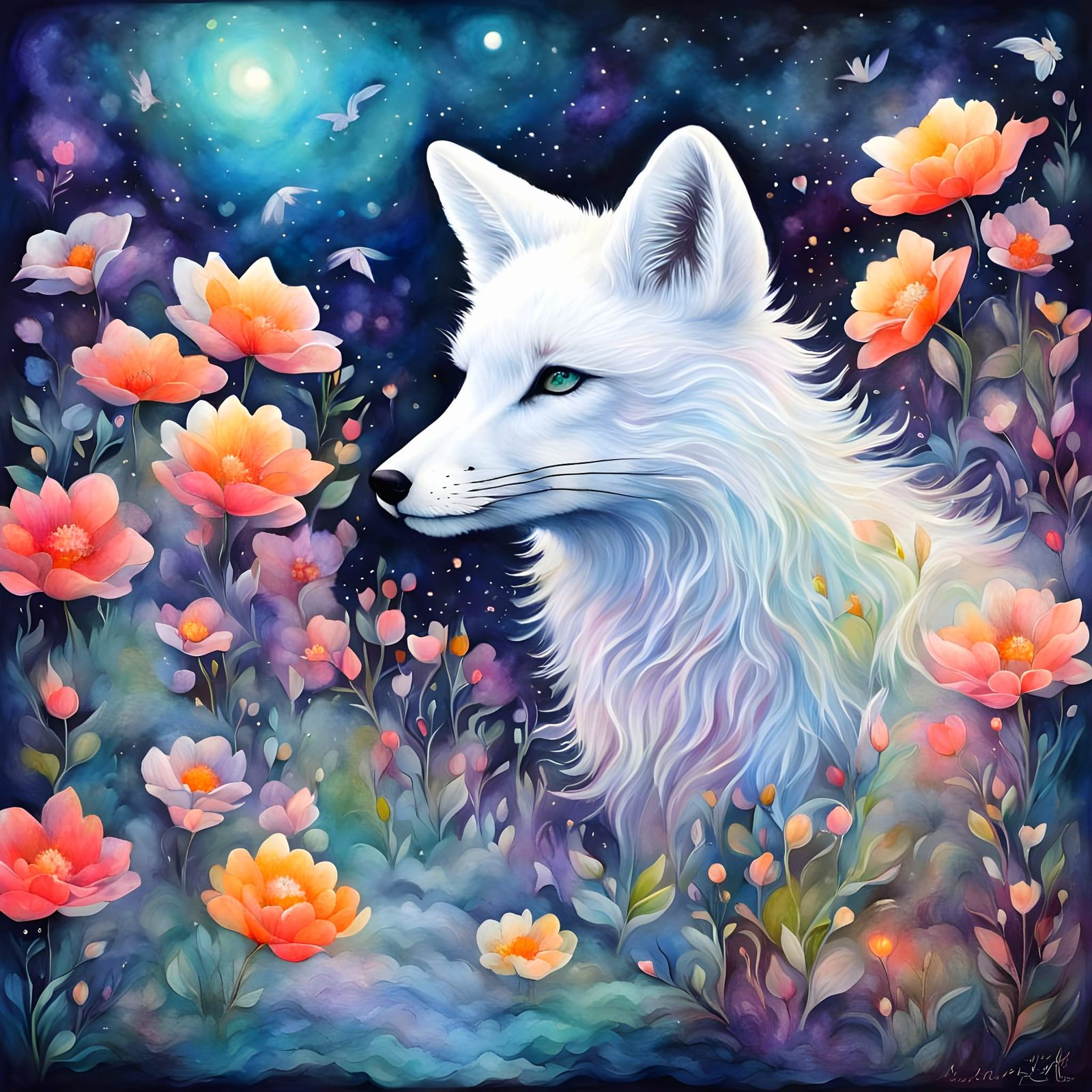 Ethereal Baby Fox Strolls Through a Romantic Garden of Bloom...