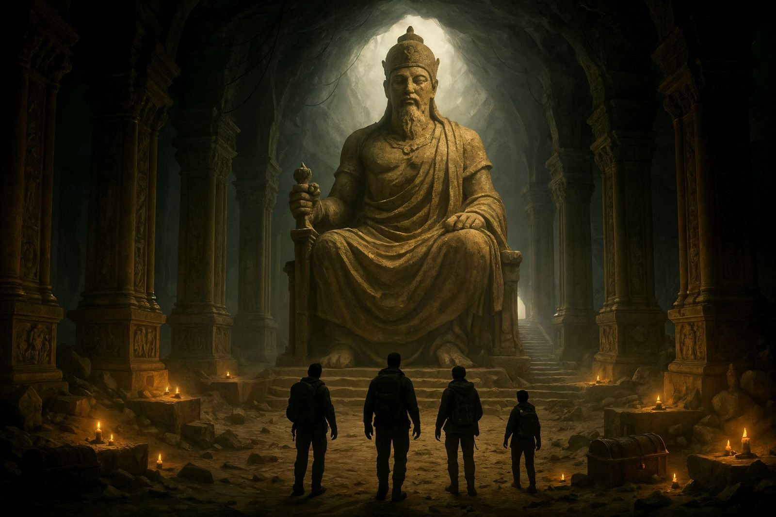 Colossal Statue in Ancient Hall with Explorers