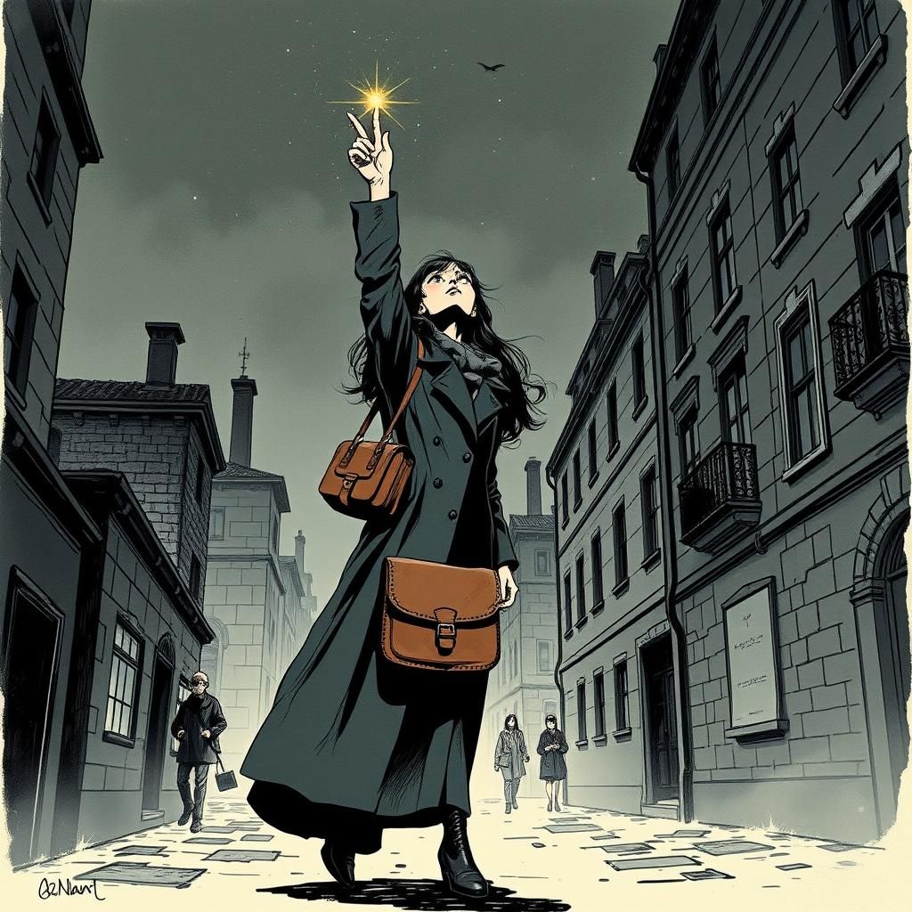 Woman Reaching for a Star in Noir Cityscape