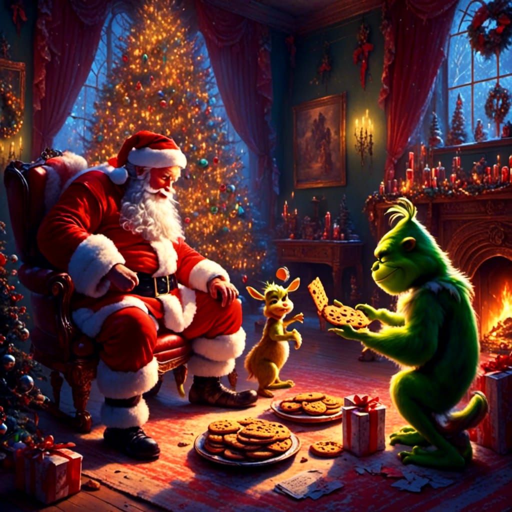 The grinch is eating cookies with Santa Claus